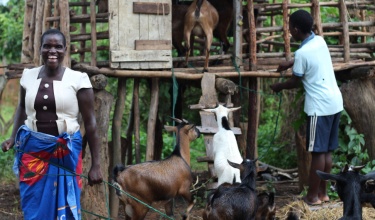 Dalitso Mkango and her youngest son, Yohane, tend their goats in Neno, Malawi
