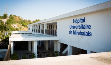 the front entrance to University Hospital in Mirebalais, Haiti