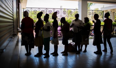 Patients in line at University Hospital in Mirebalais, Haiti 