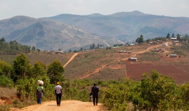 staff walk along road following a home visit in rural Malawi