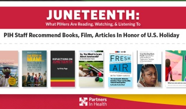 Red, black and yellow graphic displaying books and articles to read in honor of Juneteenth