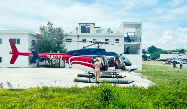 Air ambulance on the landing pad at University Hospital in Mirebalais, Haiti 